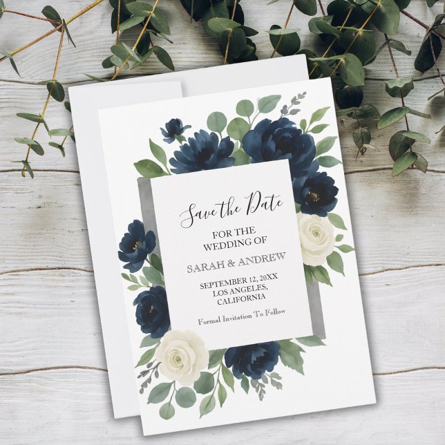 Reserve A Data Elegante Casamento Floral Azul-Marinho e Marfim (Elegant Navy Blue & Ivory Floral Wedding Save The Date)