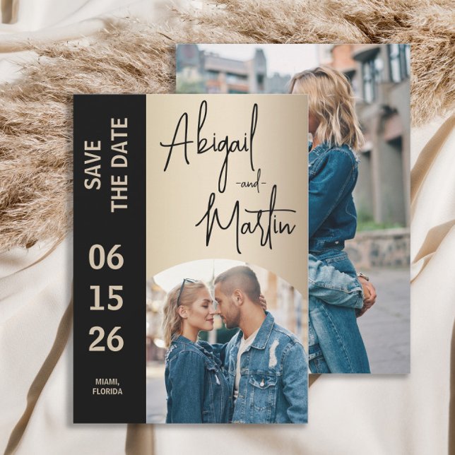 Reserve A Data Elegante Champanhe Preto 2 Foto Casamento  (Champagne and black wedding Save the Date 2-photo arch photo card)