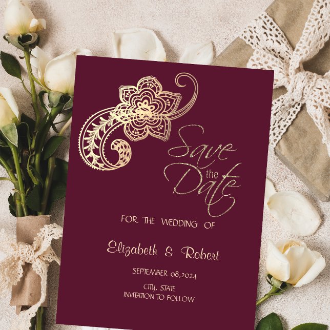 Reserve A Data Elegante Chic Dourado Paisley Burgundy Save The (Criador carregado)