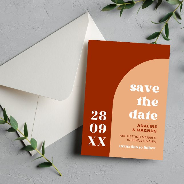 Reserve A Data Elegante Chic Pêssego Terracota Arco Boho Casament (Elegant chic peach terracotta arch save the date shares your wedding news with warm boho charm.)