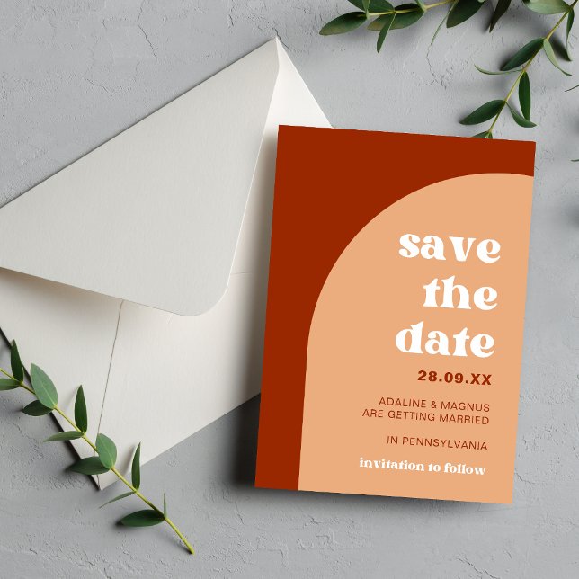 Reserve A Data Elegante Chic Toranja Arco de Terracota Boho Casam (Elegant chic peach terracotta arch save the date shares your date with warm boho charm.)
