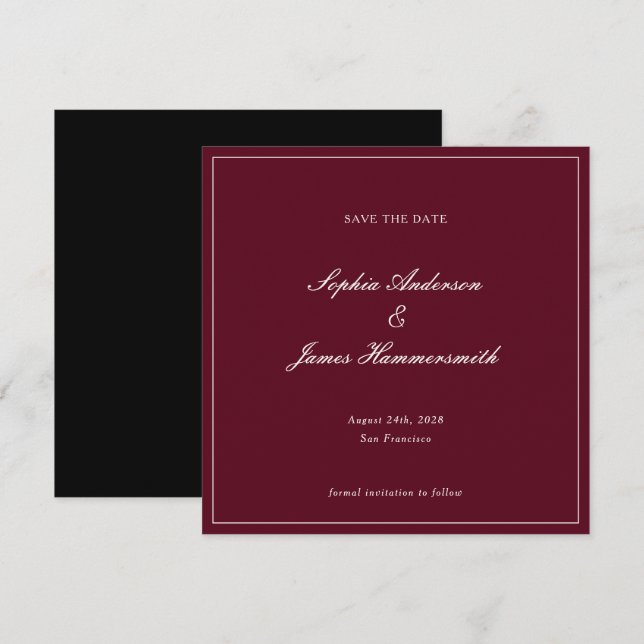 Reserve A Data Elegante Classe Formal Vermelho Borgonha Script Ca (Frente/Verso)