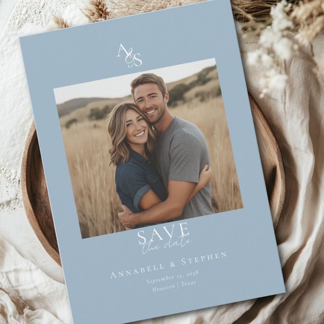 Reserve A Data Elegante, Clássico, Monograma, Azul, Casamento 1 F (Elegant, Classic, Monogram, Blue, Wedding 1 Photo Save The Date Card.)