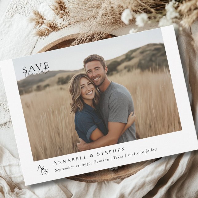 Reserve A Data Elegante, Clássico, Monograma, Branco, Casamento 1 (Elegant, Classic, Monogram, White, Wedding 1 Photo Save The Date Carf.)