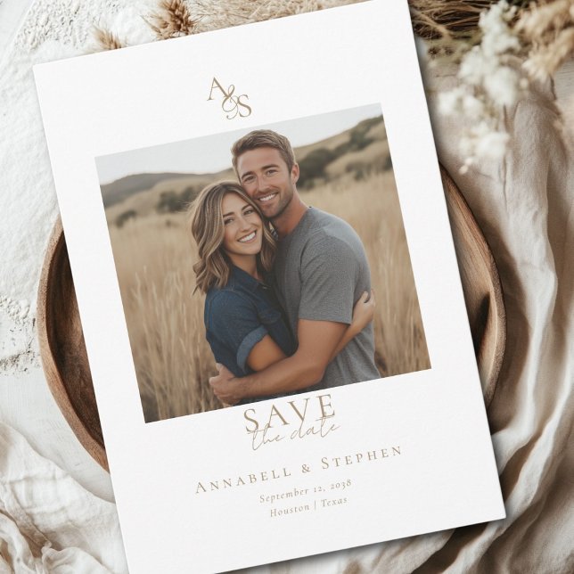 Reserve A Data Elegante, Clássico, Monograma, Branco, Casamento 1 (Elegant, Classic, Monogram, White, Wedding 1 Photo Save The Date Card)
