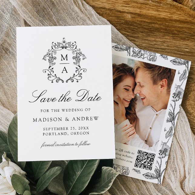 Reserve A Data Elegante Código QR Floral de Chinoiserie Preta par (Criador carregado)