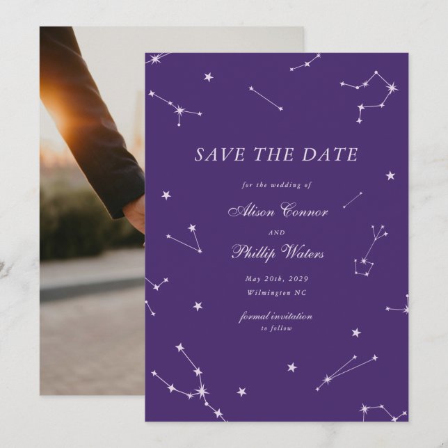 Reserve A Data Elegante Constelação Roxo Casamento Celestial (Frente/Verso)