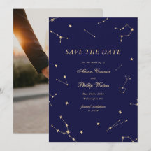 Elegante Constellação Casamento Azul e Dourado