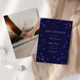 Reserve A Data Elegante Constellação Casamento Azul e Dourado