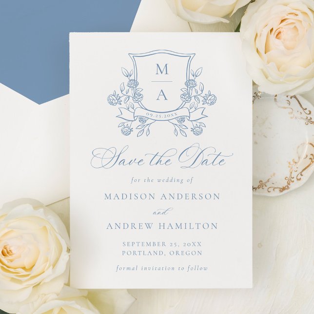 Reserve A Data Elegante Crista Floral Azul Francês Casamento (Criador carregado)