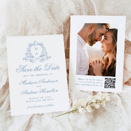 Reserve A Data Elegante Crista Floral Azul Monograma Foto Casamen