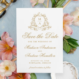 Reserve A Data Elegante Crista Floral de Ouro Monograma Casamento