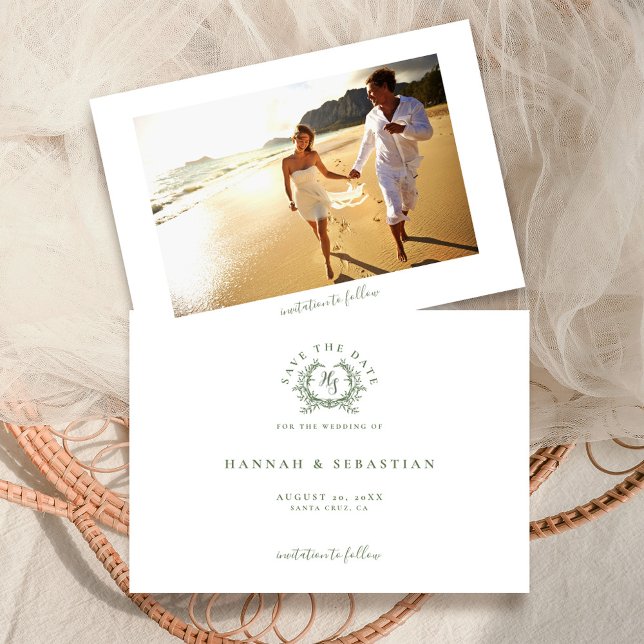 Reserve A Data Elegante Crista Monogramada de Casamento em Verde  (Criador carregado)