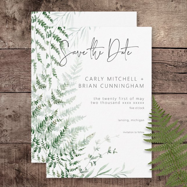 Reserve A Data Elegante Delicada Folhagem Samambaias Casamento (Elegant Delicate Greenery Ferns Wedding Save the Date Card)