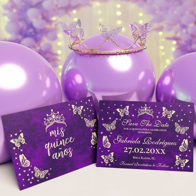 Reserve A Data Elegante Dourado 15 Birthday Quinceañera (Elegant Purple Gold 15th Birthday Quinceañera Save The Date)