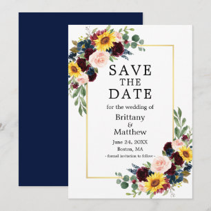 Reserve A Data Elegante Dourado Azul Floral Misturado