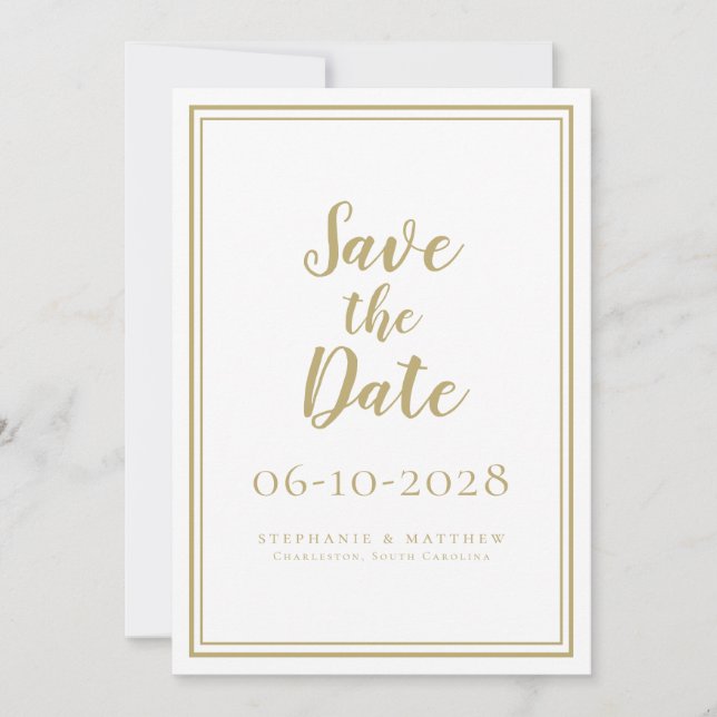Reserve A Data Elegante Dourado e Branco Casamento Roteiro Simple (Frente)