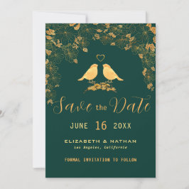 Reserve A Data Elegante Emerald Green & Dourada Floral Birds Salv
