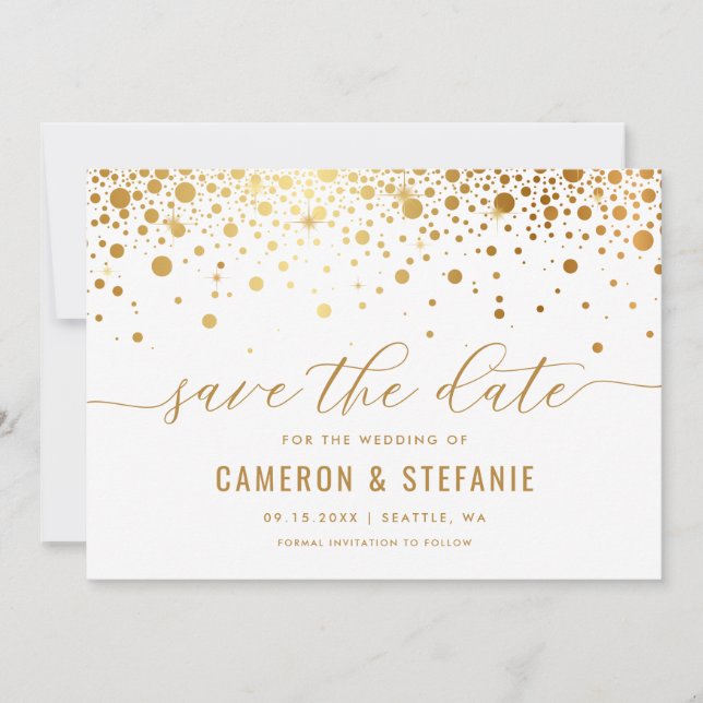 Reserve A Data Elegante Faux Gold Foil Confetti Moderno Branco (Frente)