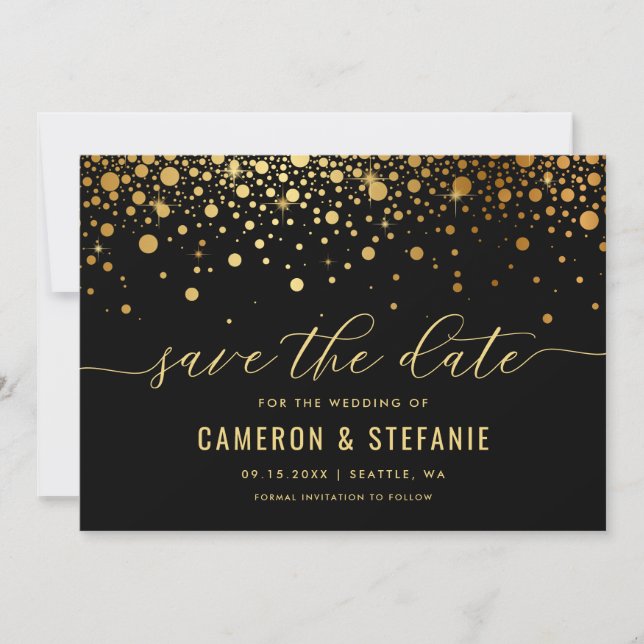 Reserve A Data Elegante Faux Gold Foil Confetti Moderno Negro (Frente)