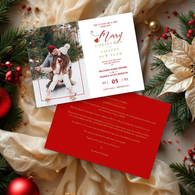 Reserve A Data Elegante Feliz Natal Poinsettias Wreath Foto (Merry Christmas Poinsettias Wreath Photo Wedding MR & MRS Couple Save the Date with Envelope.)