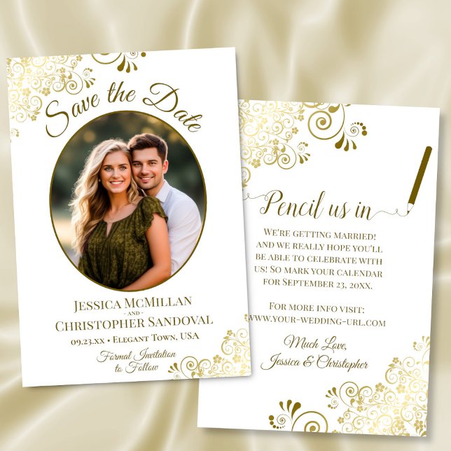 Reserve A Data Elegante Filigrana Dourada em Foto Oval de Casamen (Front/Back)