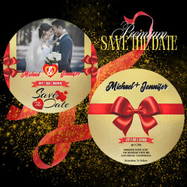 Reserve A Data Elegante Fita Vermelha e Dourada com Foto Personal