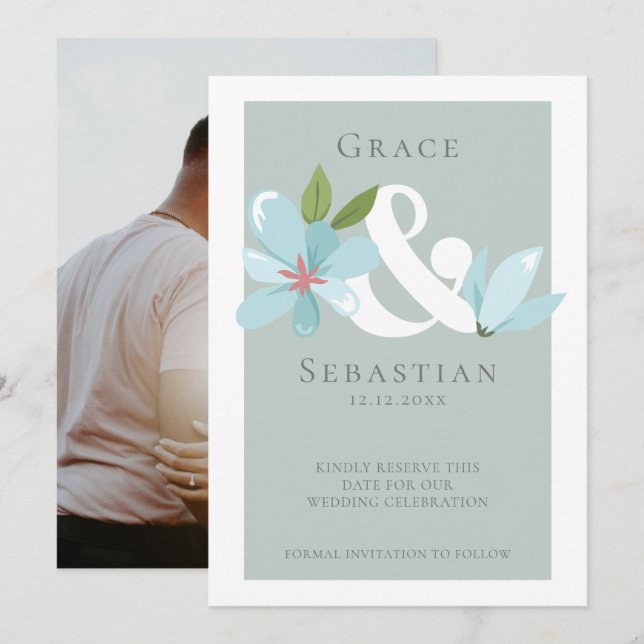 Reserve A Data Elegante Floral Ampersand Weding The Date (Salvar  (Frente/Verso)