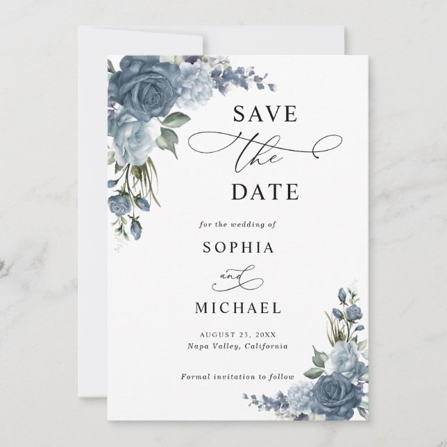 Reserve A Data Elegante Floral Azul Poeirento Save The Date (Frente)