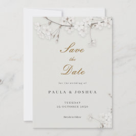 Reserve A Data Elegante Floral Branco com Grafia Dourada Salve a