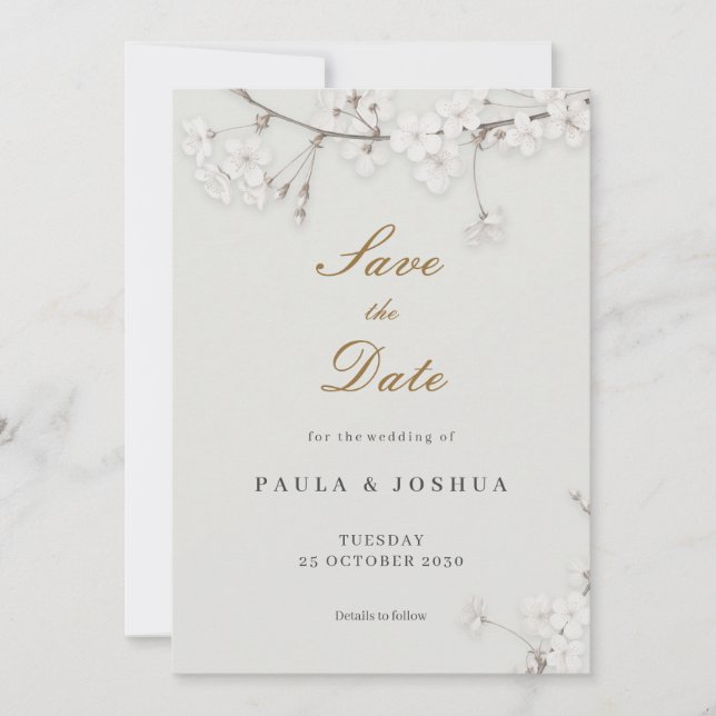 Reserve A Data Elegante Floral Branco com Grafia Dourada Salve a  (Frente)