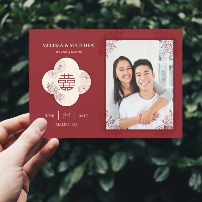 Reserve A Data Elegante Floral Chinês Foto Salva a Data (Elegant Floral Chinese Wedding Photo Save the Date)