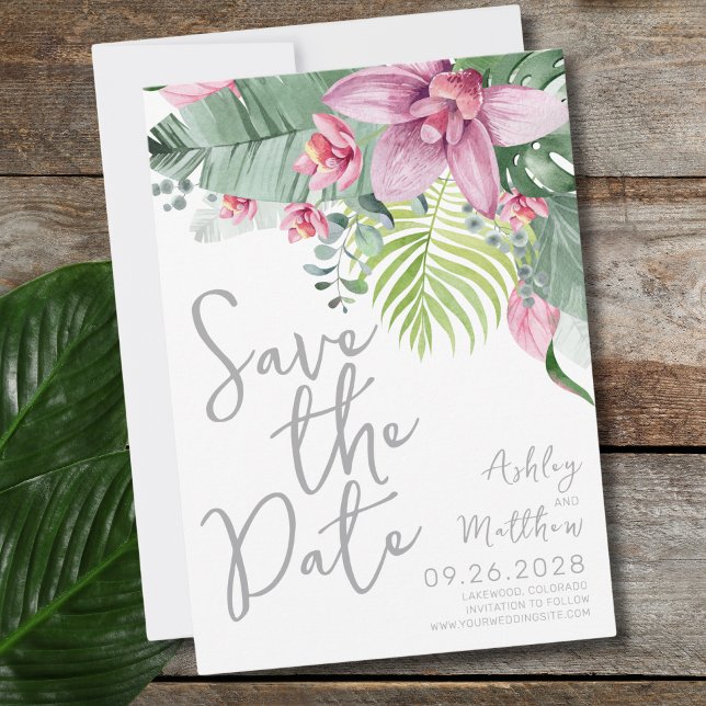 Reserve A Data Elegante Floral Palm Deixa Casamento (Fun Modern Floral Palm Leaves Tropical Wedding Save The Date)