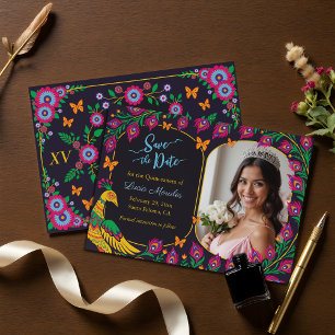 Reserve A Data Elegante Floral Peacock Folk Art Fiesta Quinceaner