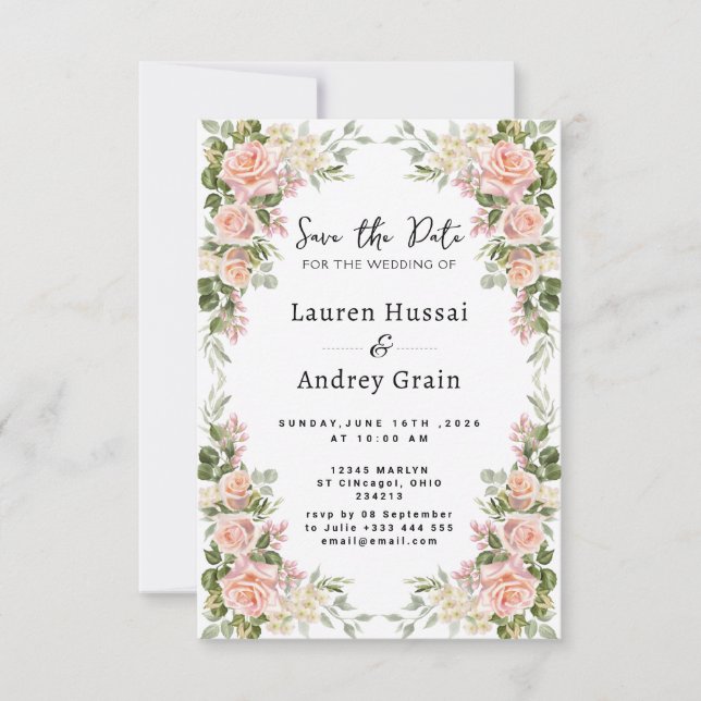 Reserve A Data Elegante Floral Rosa para Casamento Save the Date (Frente)