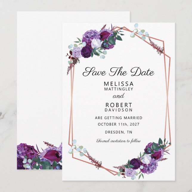 Reserve A Data Elegante Floral Roxo Geométrico Save the Date (Frente/Verso)