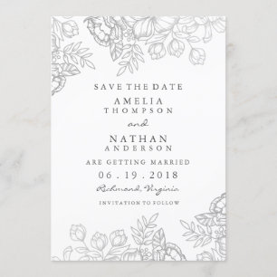 Reserve A Data Elegante Floral Vintage Prata Salvar A Data