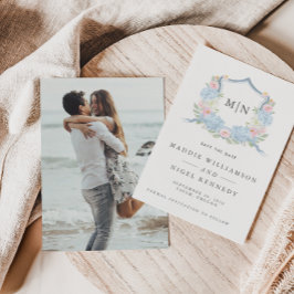 Reserve A Data Elegante Foto Azul Monograma Save the Date 