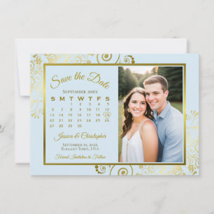 Reserve A Data Elegante Foto de Casamento em Calendário Azul e Do