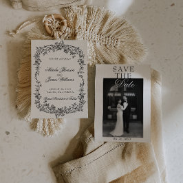 Reserve A Data Elegante Foto de Casamento Floral Preto e Branco