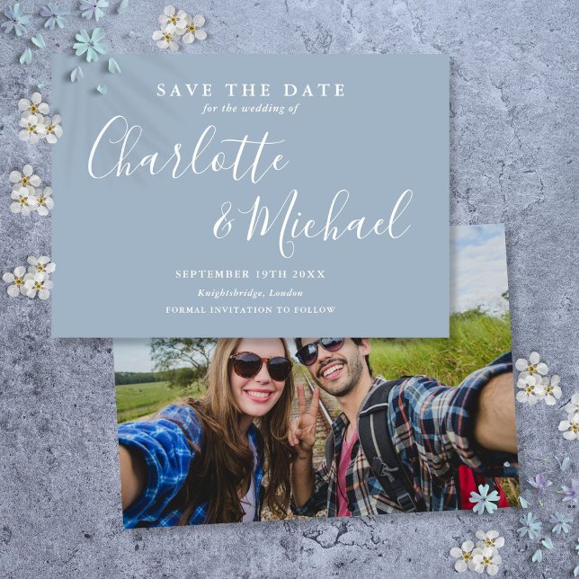 Reserve A Data Elegante Foto de Letra Azul Poeirento Assinatura (Elegant Dusty Blue Signature Script Photo Save The Date)