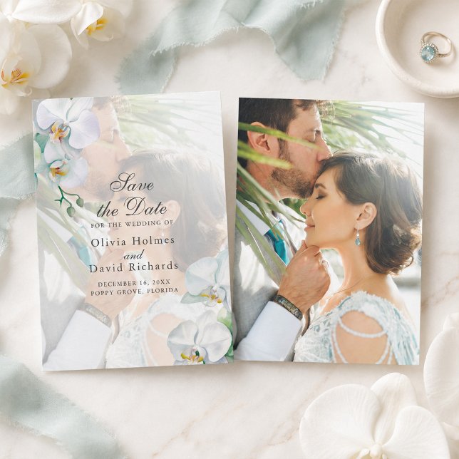 Reserve A Data Elegante Foto de Orquídeas Brancas para Salvar a D (Elegant White Orhids Photo Wedding Save the Date)