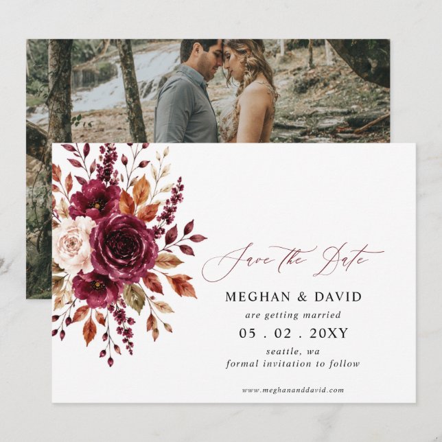 Reserve A Data Elegante Foto Floral Boho Borgonha de Outono (Frente/Verso)