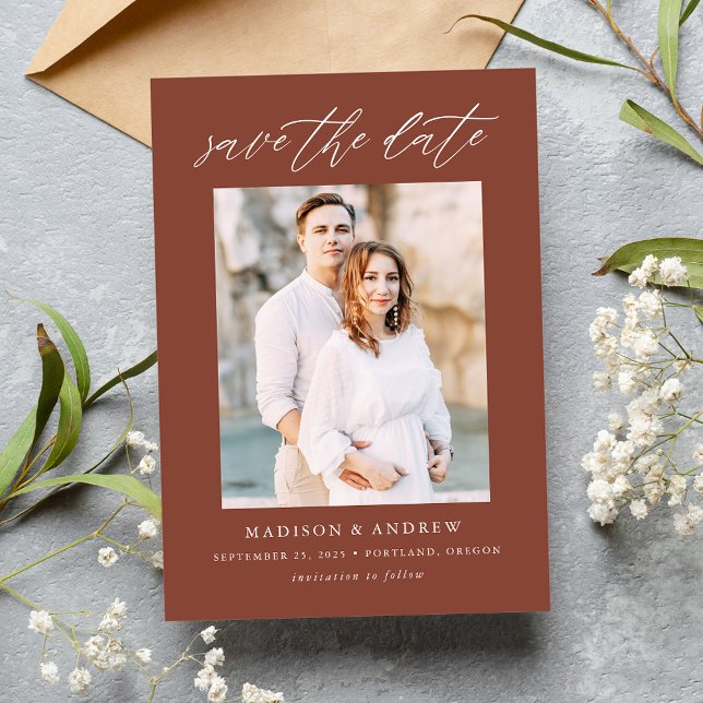 Reserve A Data Elegante Foto Marrom com Letra de Forma (Criador carregado)