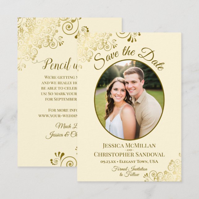 Reserve A Data Elegante Foto Oval em Renda Dourada para Casamento (Frente/Verso)