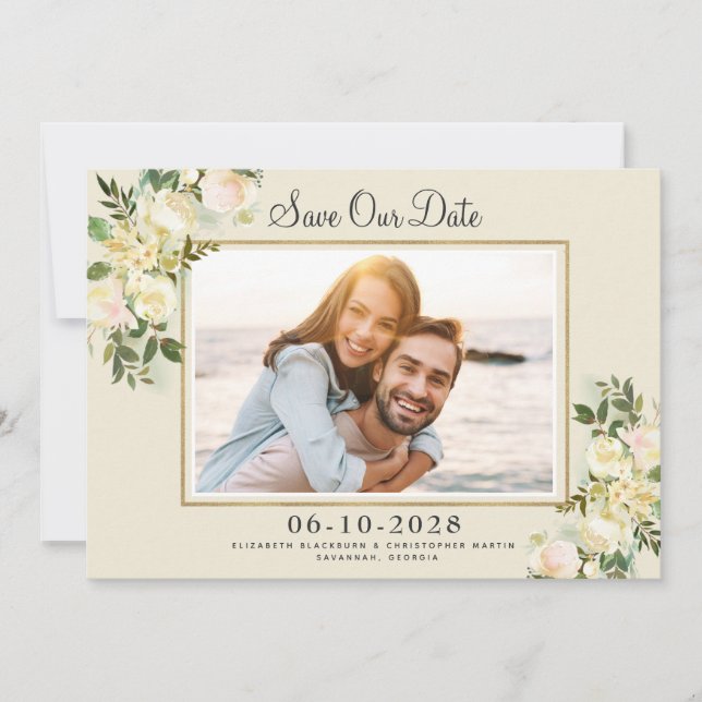Reserve A Data Elegante Foto Save the Date Moldura Dourada Floral (Frente)