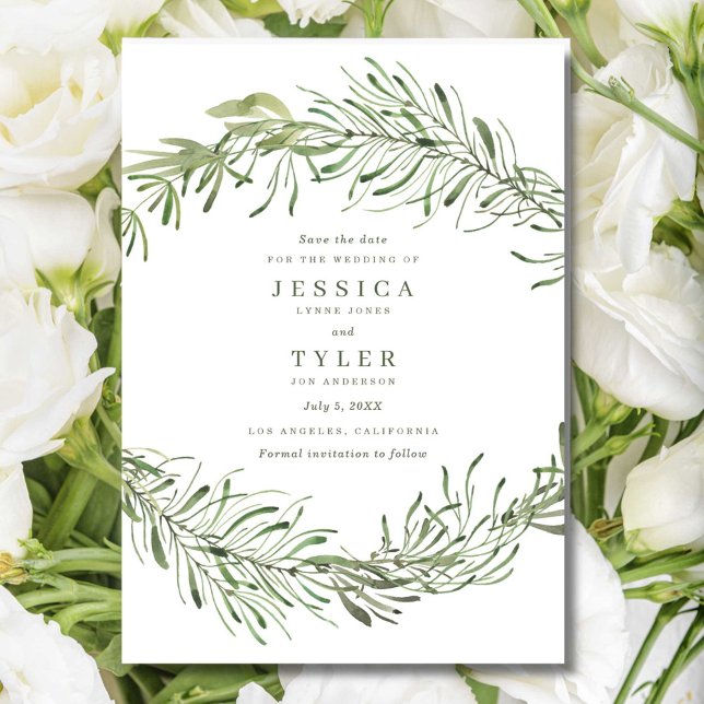 Reserve A Data Elegante Fotografia de Botânica e Verdura para Cas (Elegant Botanical Greenery Photo Wedding Save The Date)