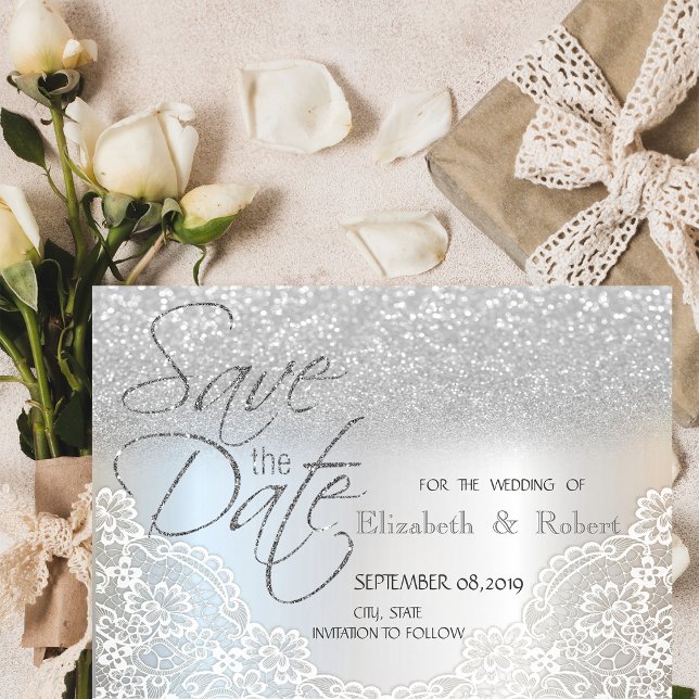 Reserve A Data Elegante Glitter Prateado Bokeh, Renda Save The Da (Criador carregado)