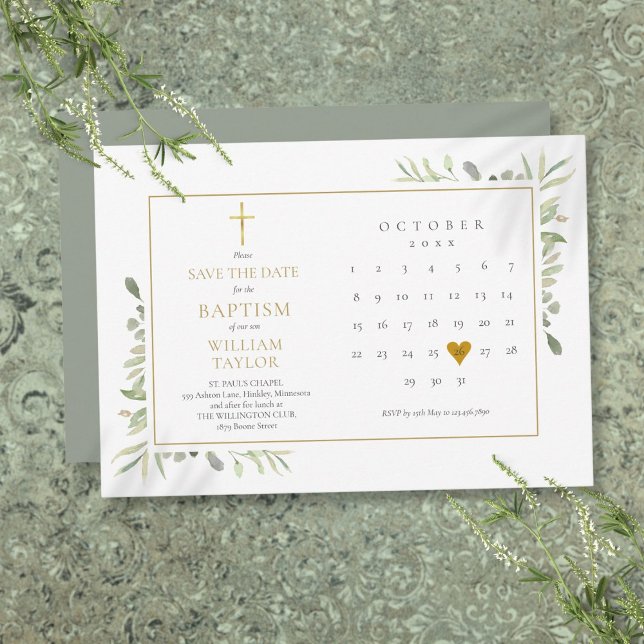 Reserve A Data Elegante Greenery Floral Baptism Christening (Elegant Greenery Floral Baptism Christening Save The Date)