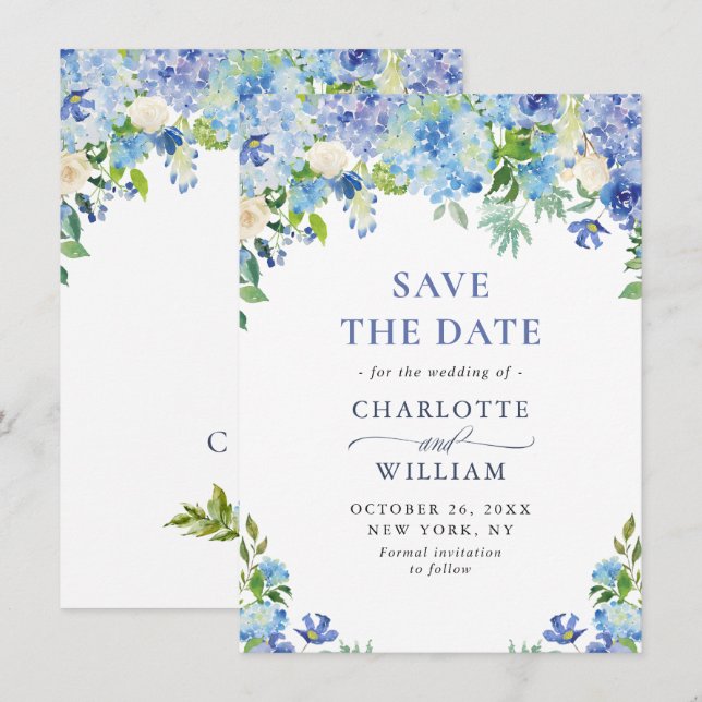 Reserve A Data Elegante Hidrangea Azul Floral em Aquarela para Ca (Frente/Verso)